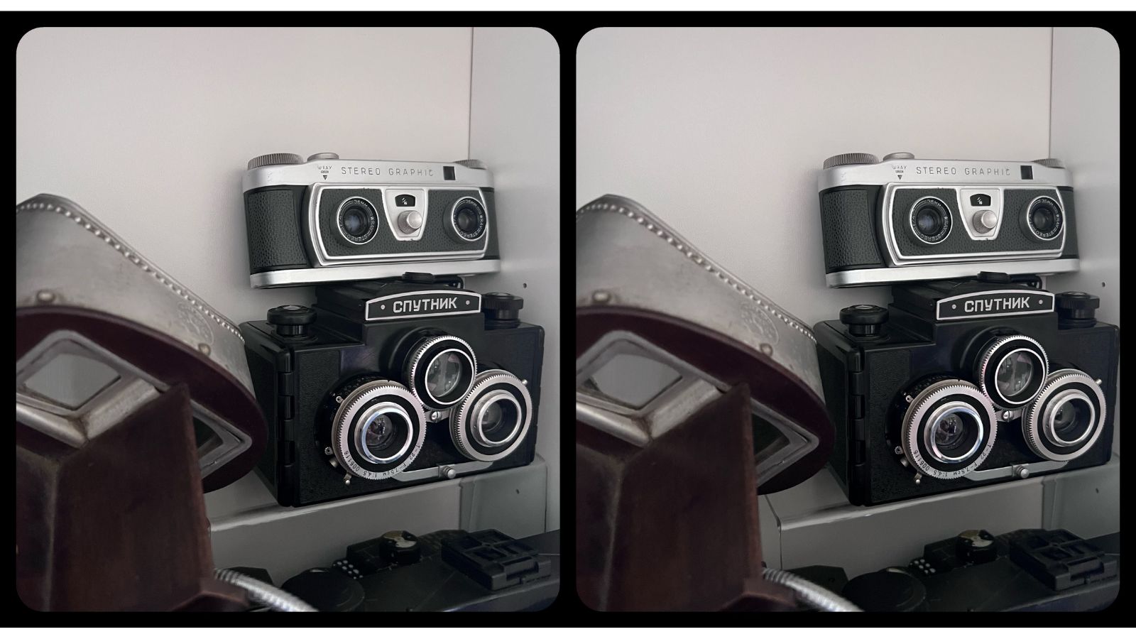 Vintage stereoscopic cameras, Sputnik and Stereo Graphic, displayed with an antique stereoscope in the foreground.