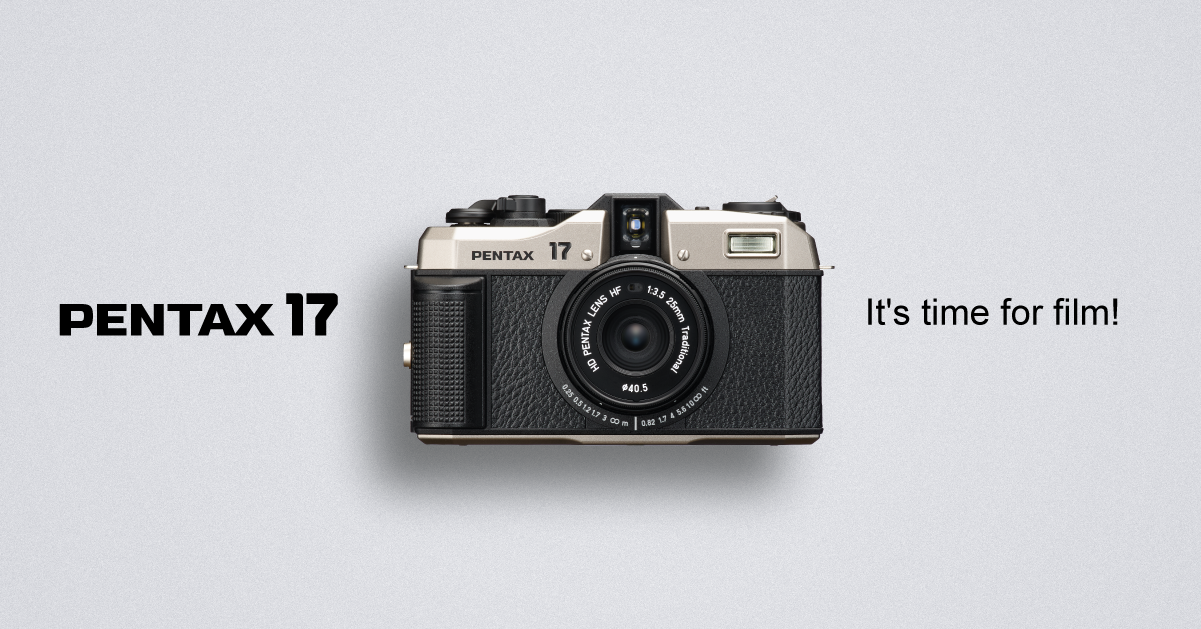 Pentax 17 film camera on blank background with 'its time for film' - bundles