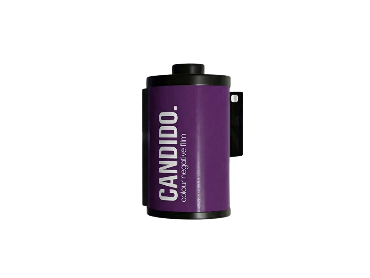 Purple 35mm film canister with 'Candido' branding on a white background