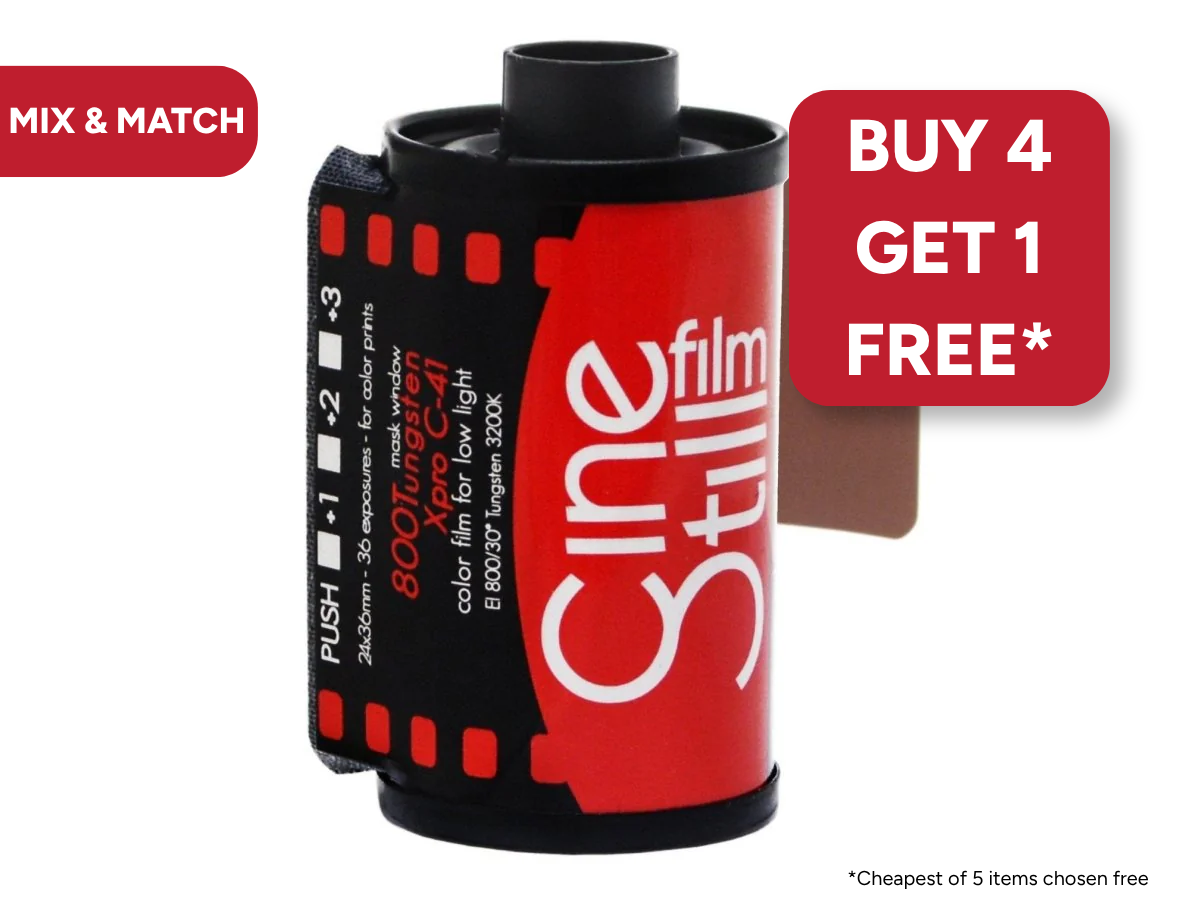 CineStill film canister with promotional text on a white background