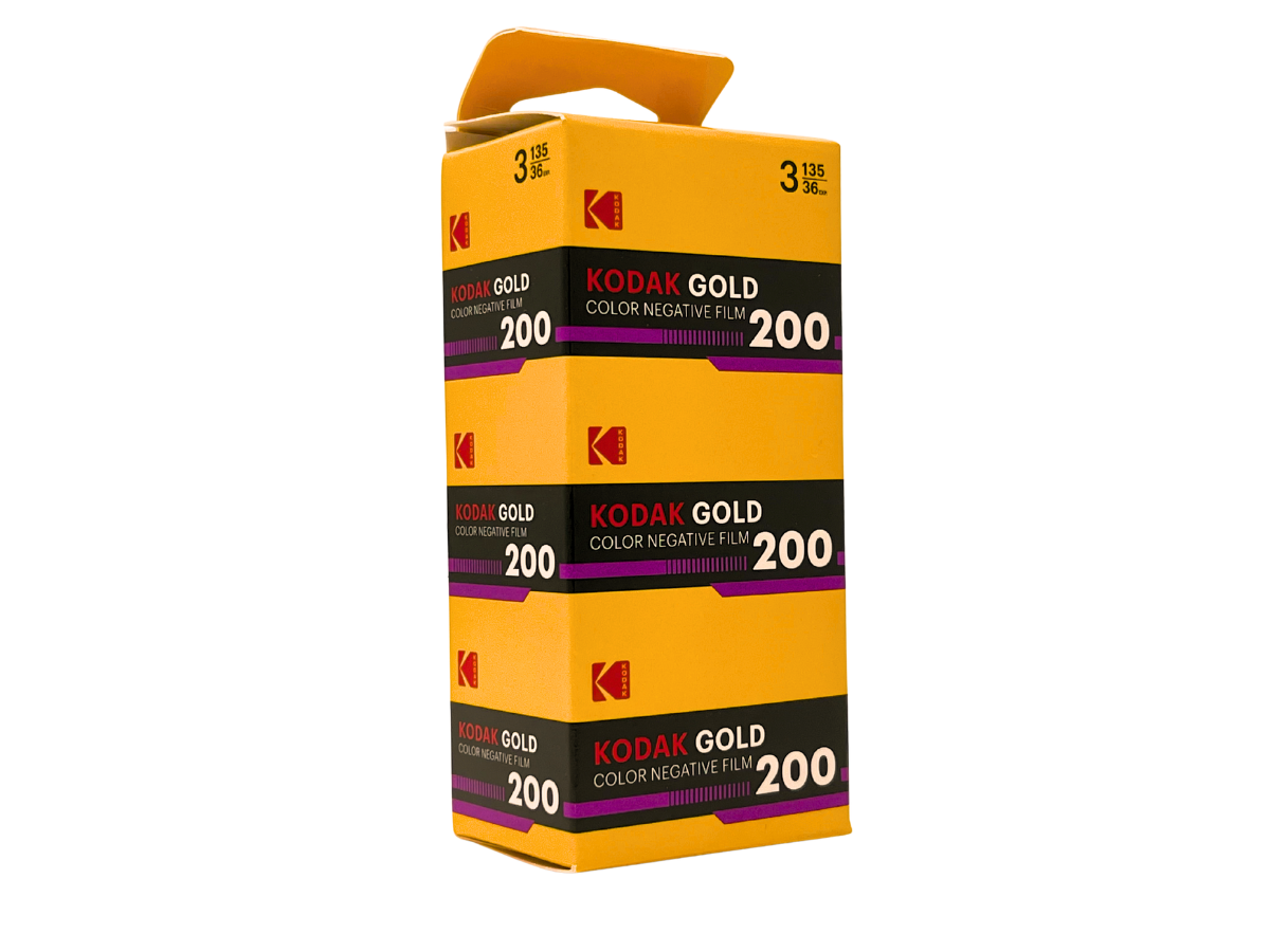 A stack of three Kodak Gold 200 Color Negative Film boxes on a plain white background.