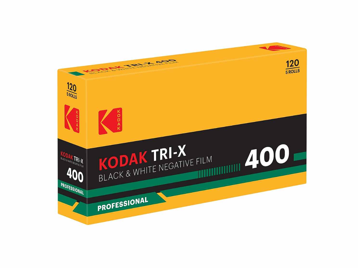 A box of Kodak Tri-X 400 120 Medium Format black and white negative film, shown at a three-quarter angle on a plain white background.