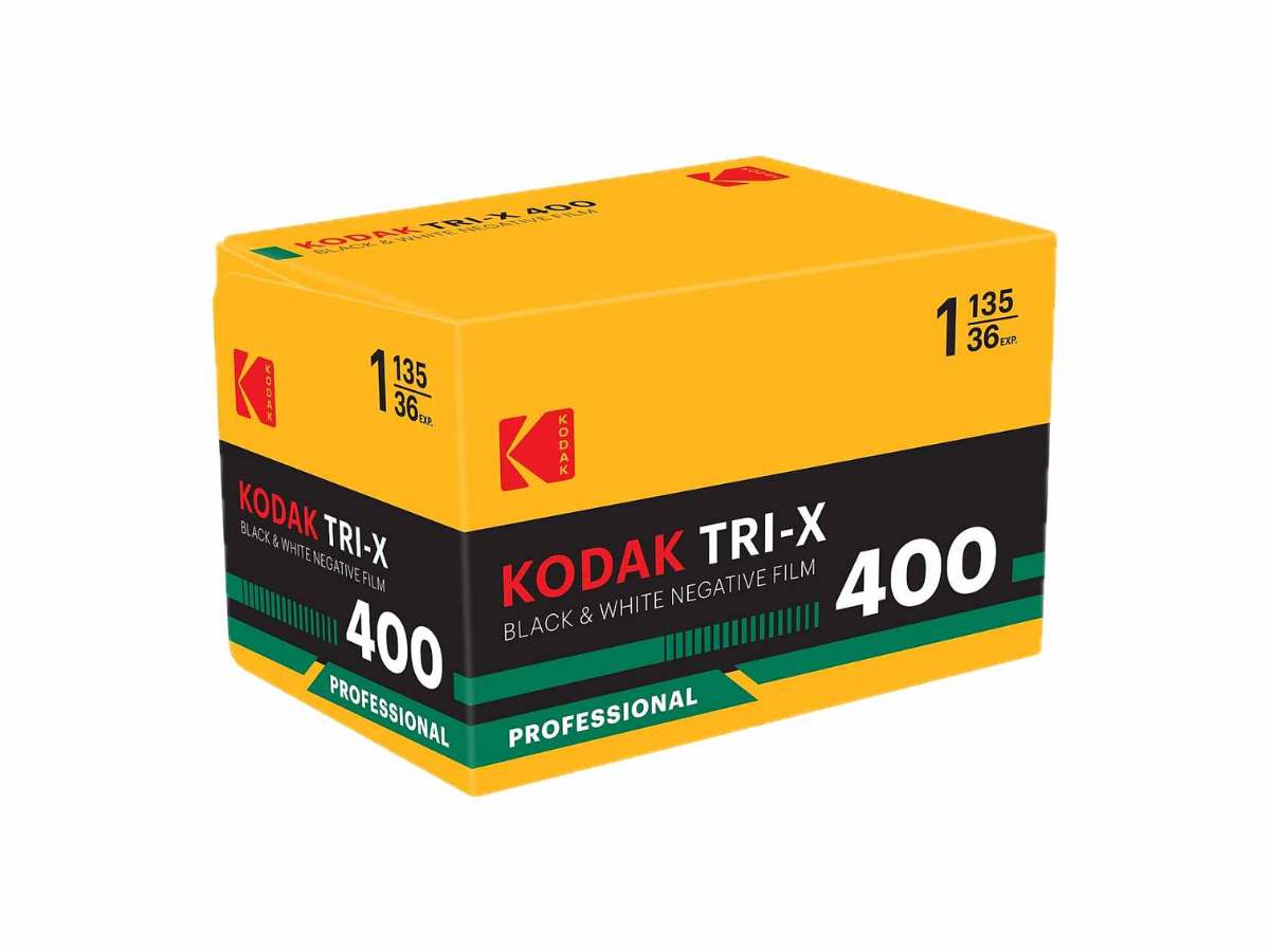 A box of Kodak Tri-X 400 black and white negative film, shown at a three-quarter angle on a plain white background.