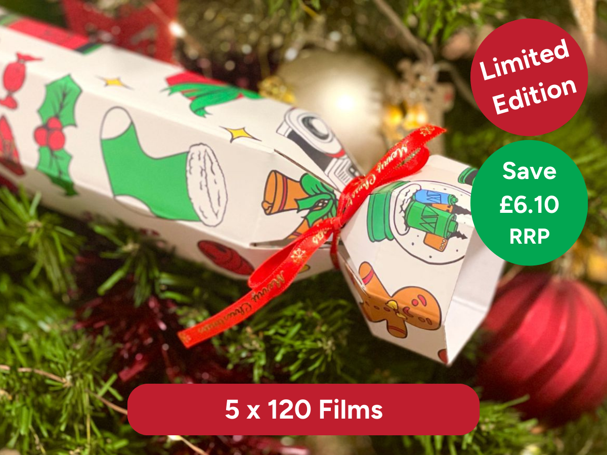 Limited edition product packaging with Christmas-themed design on a tree background. Limited Edition, 5 x 120 Films and Save £6.10 RRP