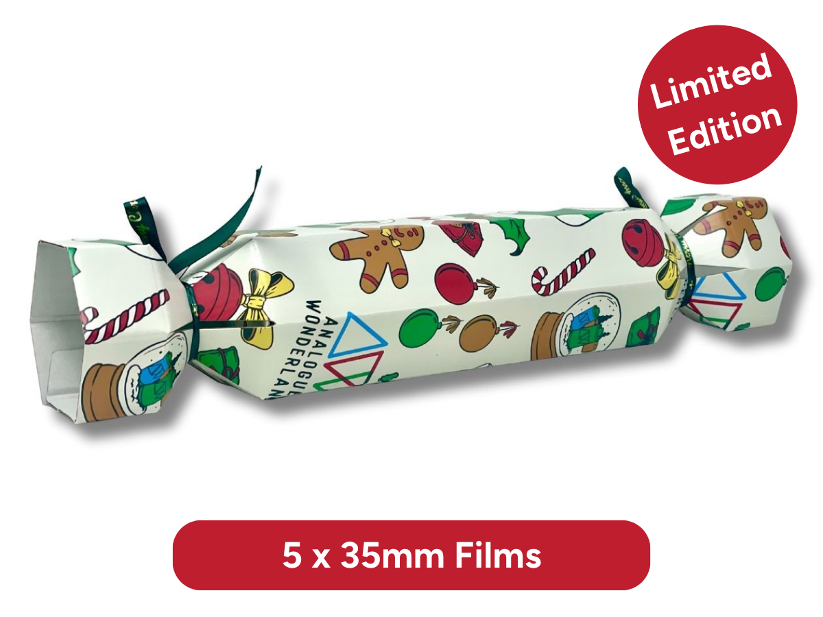 Christmas cracker-shaped product with film packaging, featuring a 'Limited Edition' label and '5 x 35mm Films' text.