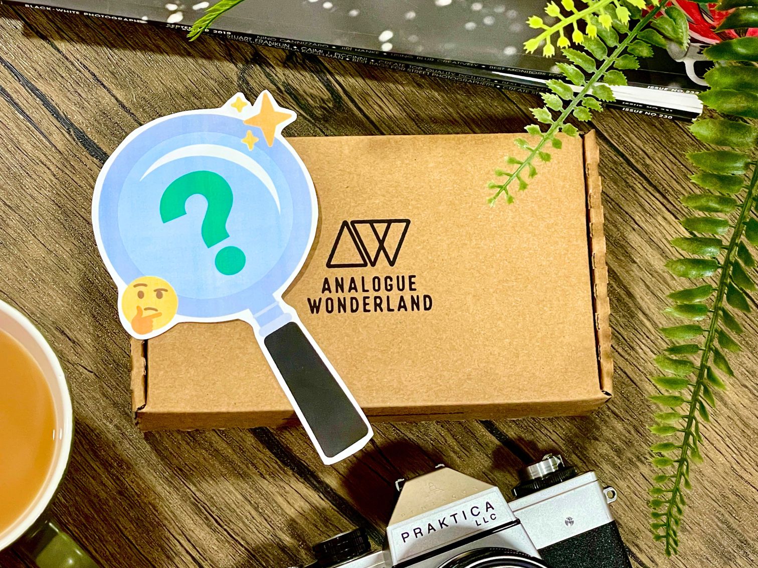 Brown box with 'Analogue Wonderland' logo on a wooden surface with a camera and cup of tea.