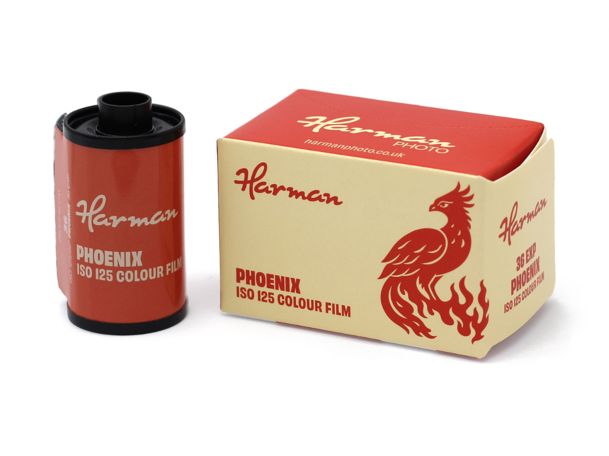 Harman Phoenix ISO 125 Colour Film 35mm 36 exposure canister and box on white background