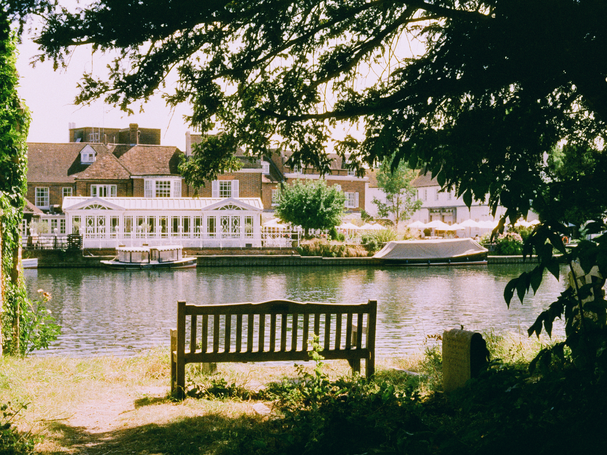 Bench by a river with houses and trees in the background - shot on Harman Phoenix 2