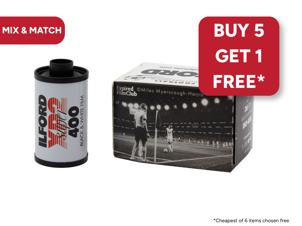 Ilford film canister and a box with a sports theme on a white background, featuring promotional text.