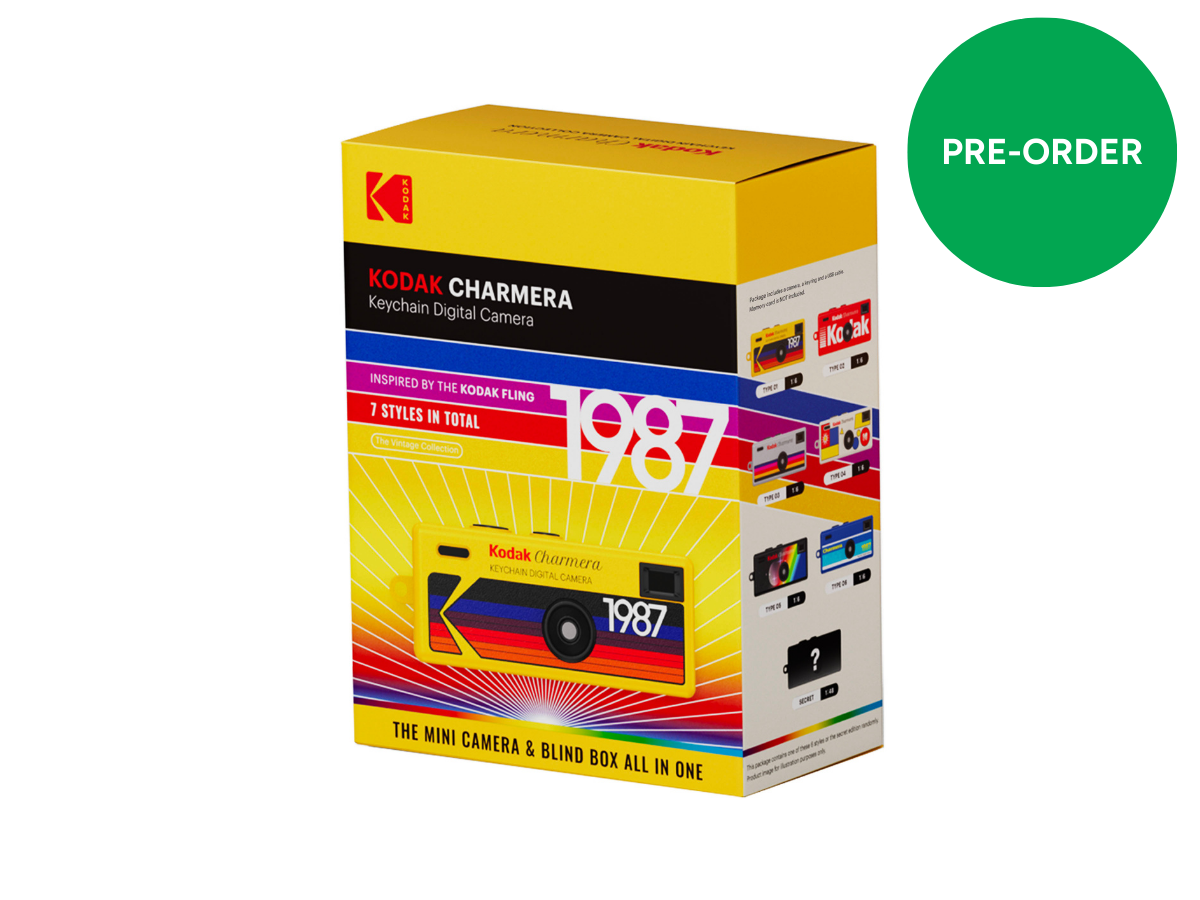 Kodak Charmera camera packaging with colorful design and pre-order label.