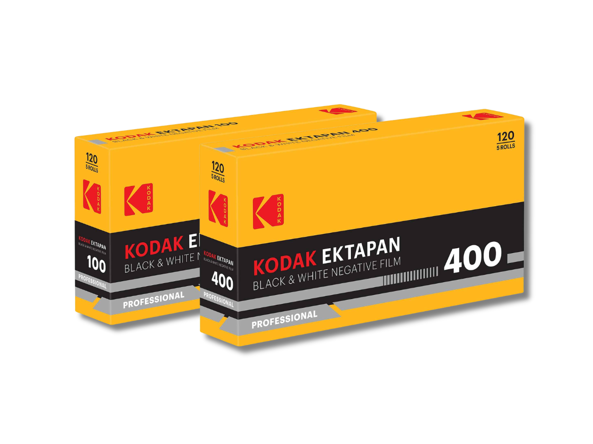 Two boxes of Kodak Ektapan black and white negative film on a white background