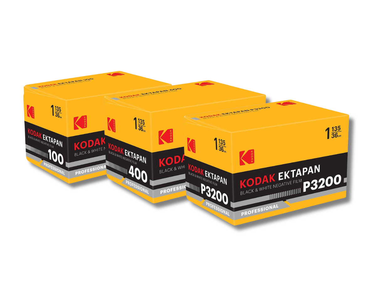 Three boxes of Kodak Ektapan film on a white background