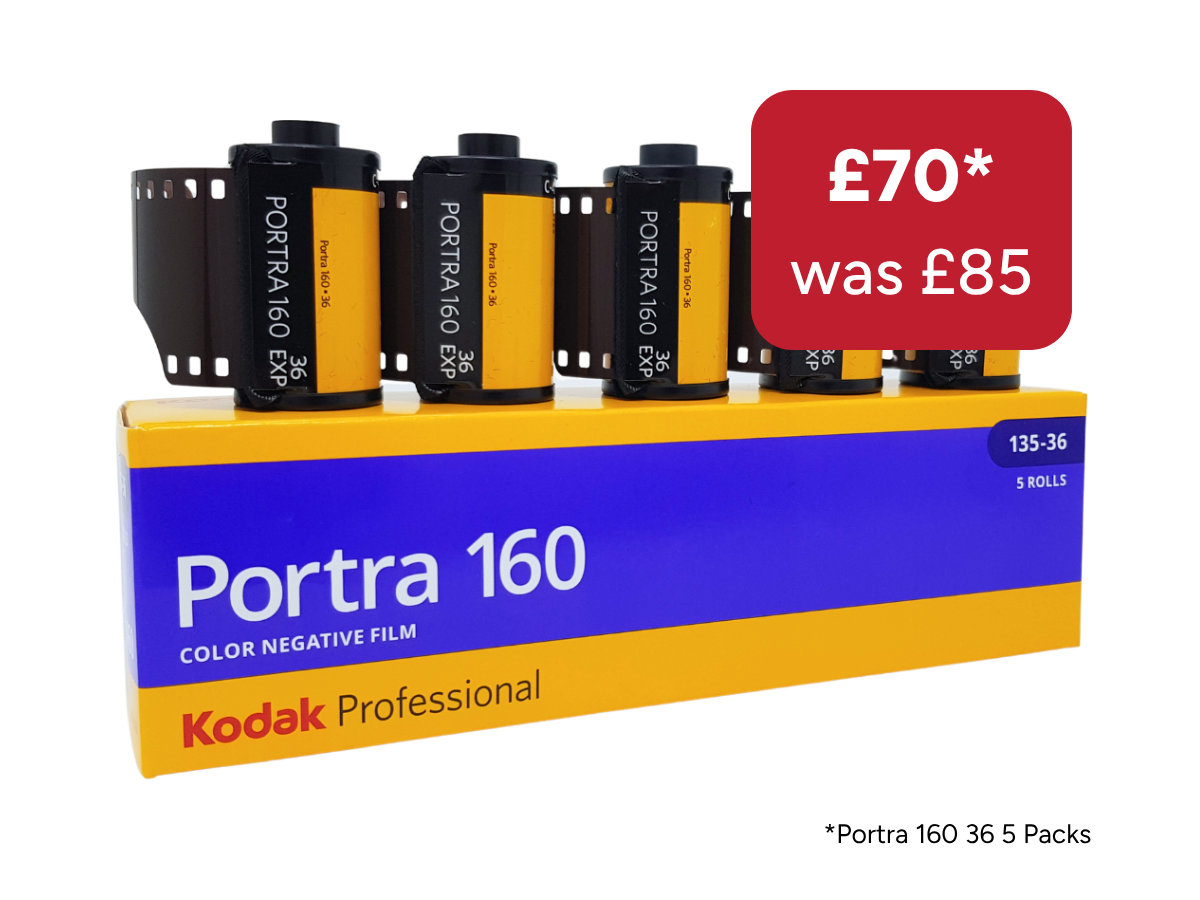 A box of Kodak Professional Portra 160 color negative film showing five rolls of film partially unboxed above the packaging, with a red price badge reading £70* was £85.