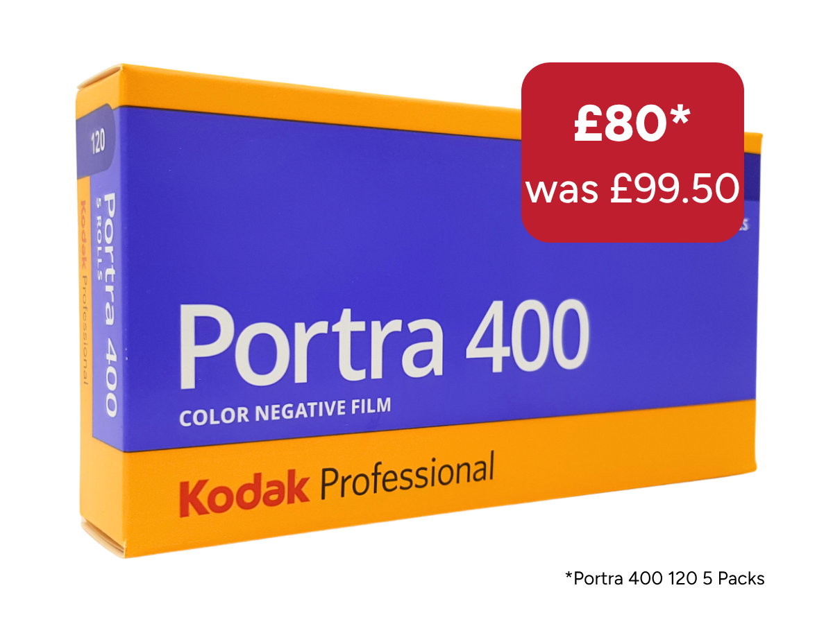 Kodak Portra 400 Color Negative Film box in blue and orange packaging, with a red price badge showing £80 was £99.50, on a white background.