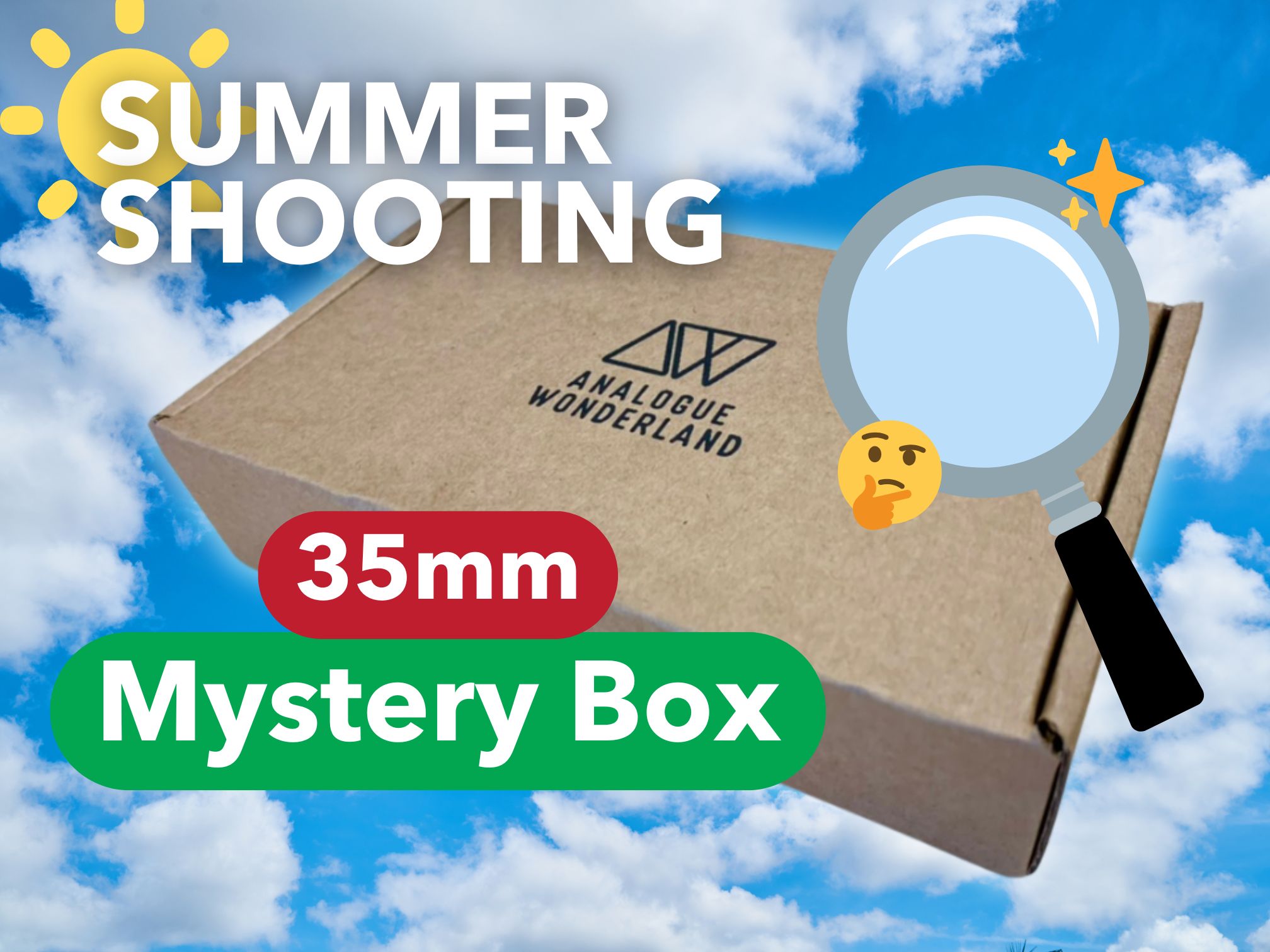 Promotional image for Analogue Wonderland's Film Mystery Box - LIMITED SUMMER EDITION, featuring the text 'Summer Shooting' and '35mm Mystery Box' with a magnifying glass, sky background, and sun emoji.
