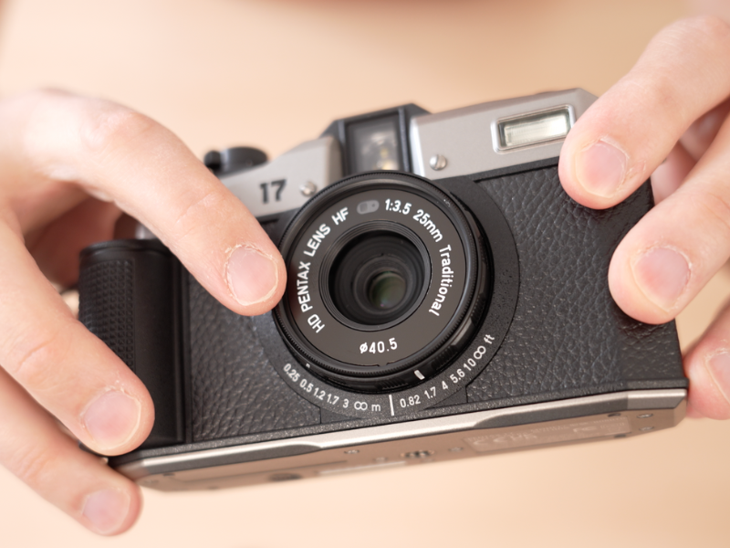 Pentax 17 Film Camera - Product Photo - pointing at the lens focus