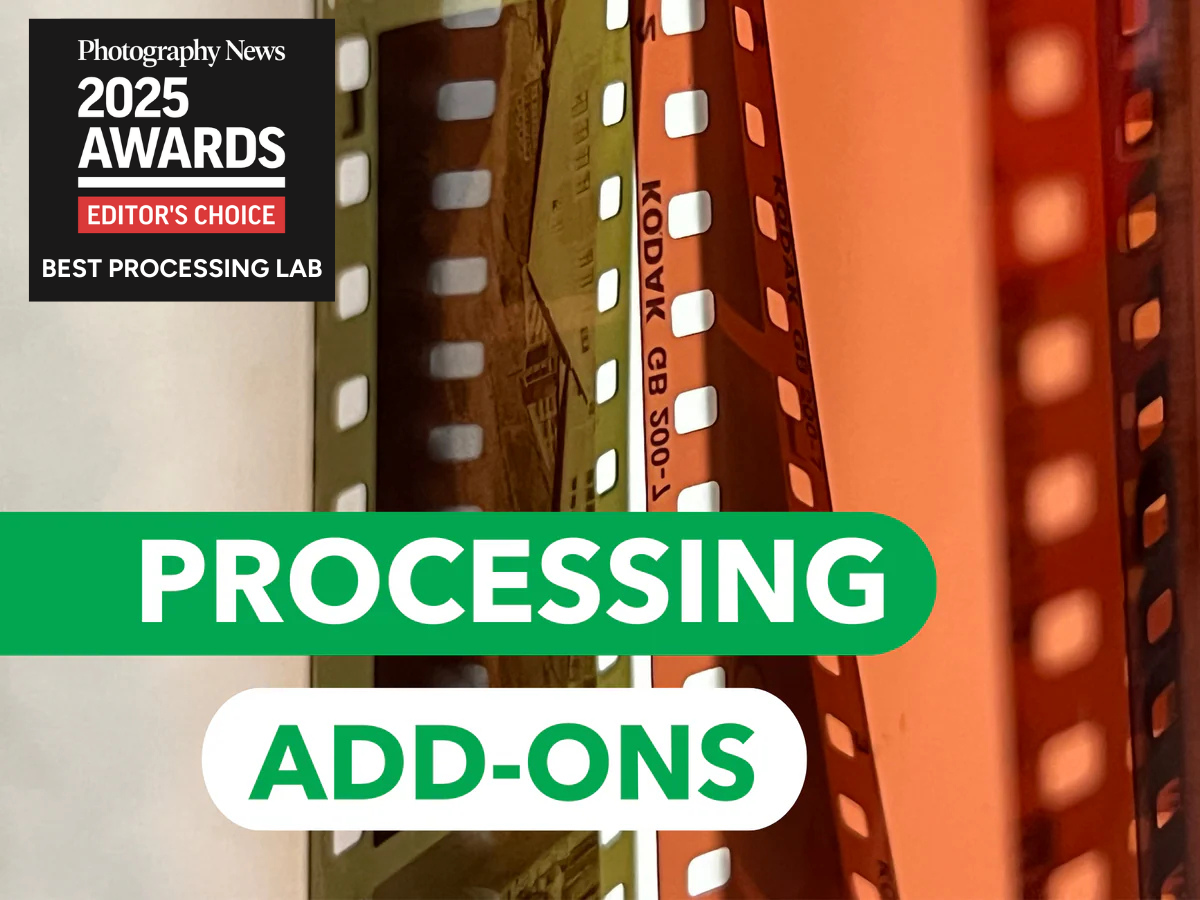 Film reels with text overlay about 2025 Photography News Awards and processing add-ons.