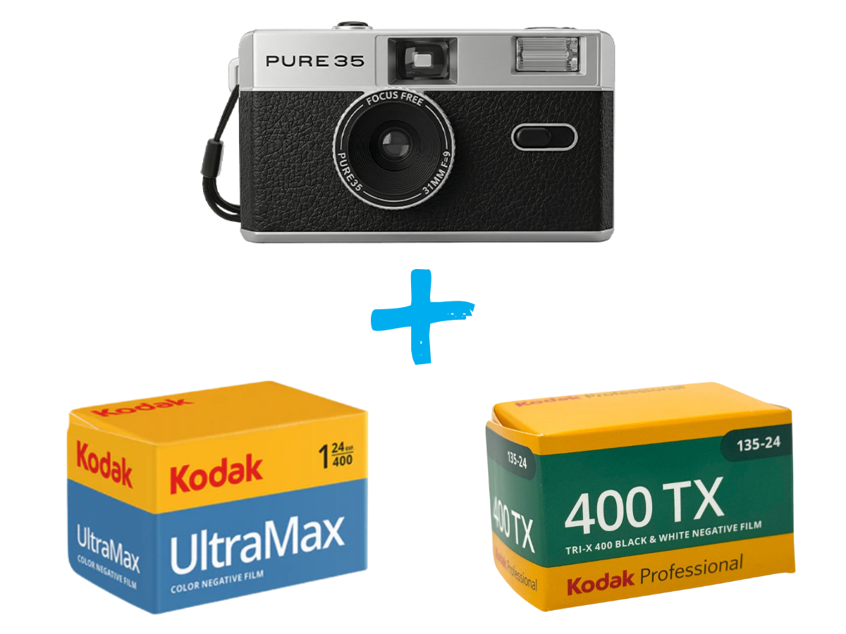 PURE 35 film camera with two Kodak film boxes on a white background