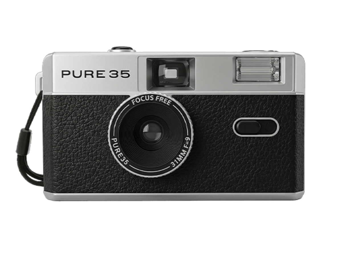 Vintage-style film 35mm camera with 'PURE 35' branding on a white background