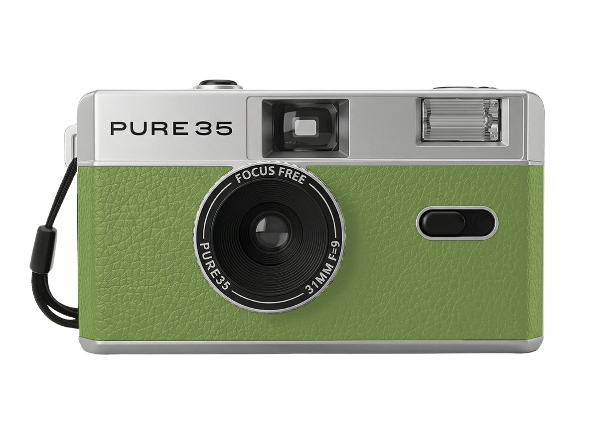 Green and silver 'PURE 35' 35mm film camera on a white background