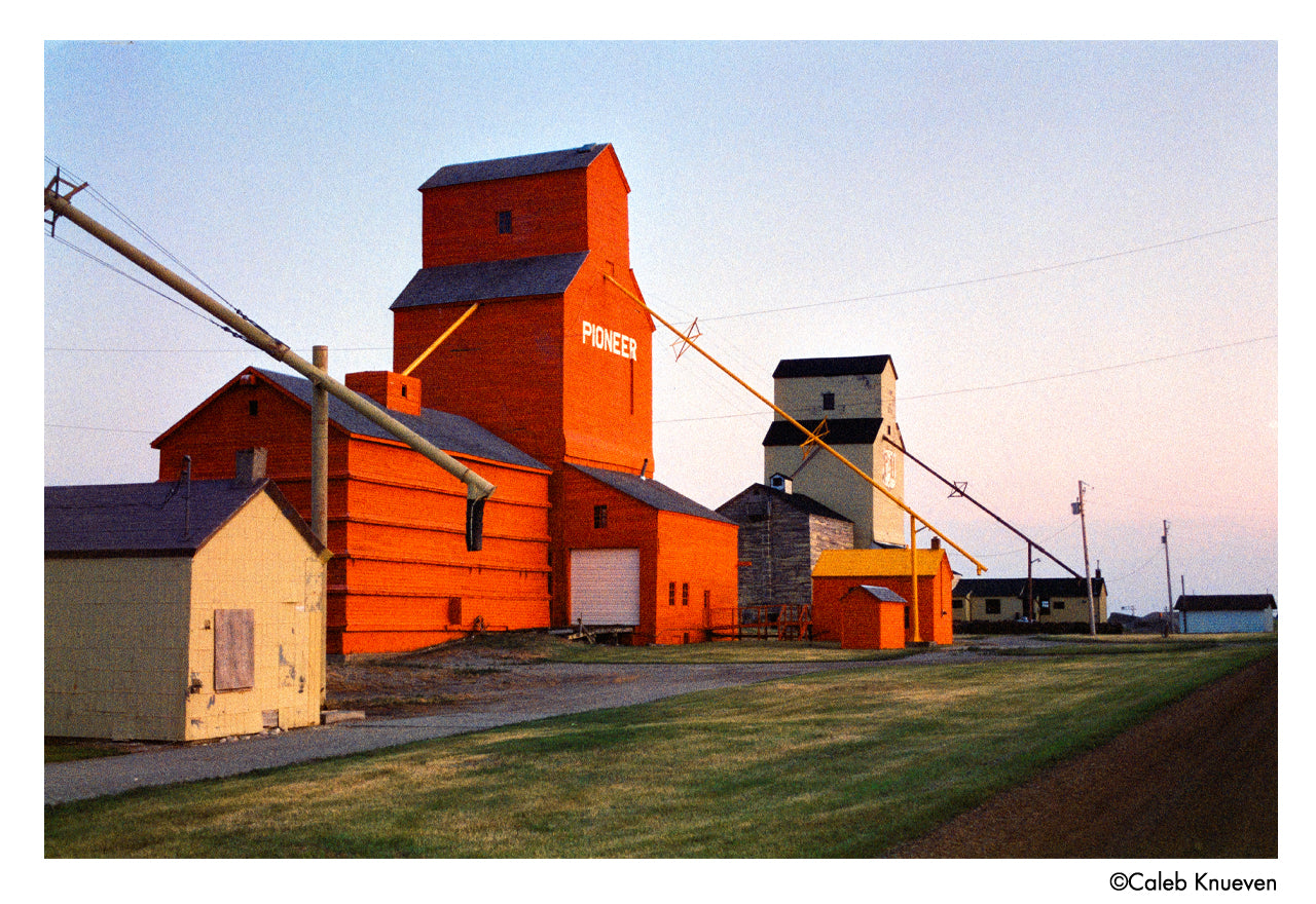 Red grain elevator with 'Pioneer' branding at sunset - shot on Harman Phoenix II 35mm film