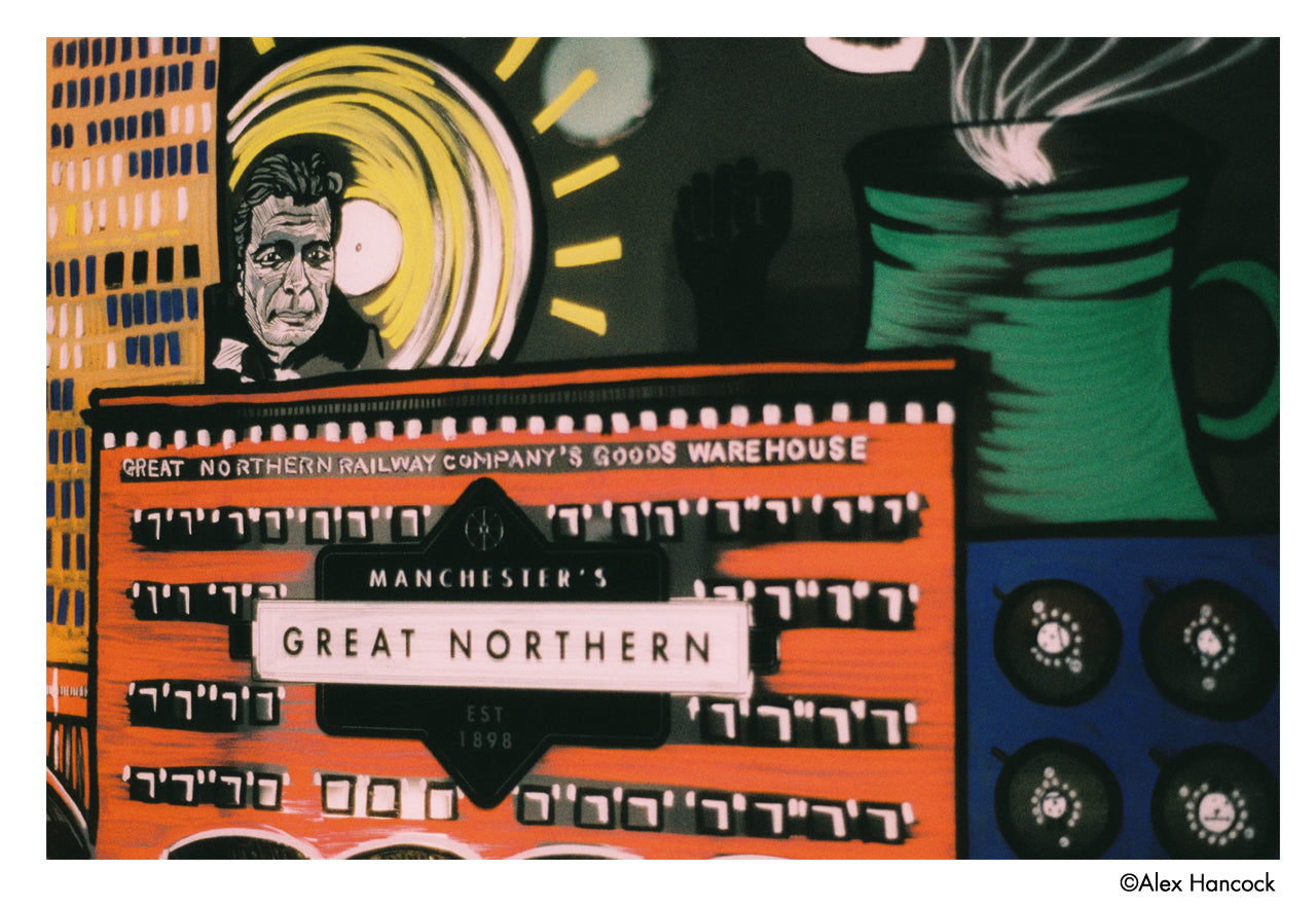 Illustration of a typewriter with 'Great Northern Railway Company's Goods Warehouse' text, surrounded by abstract elements - shot on Harman Phoenix II 35mm film