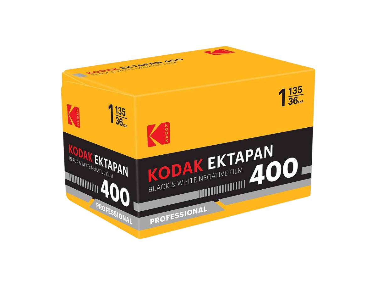 Kodak Ektapan 400 black and white negative film packaging on a white background