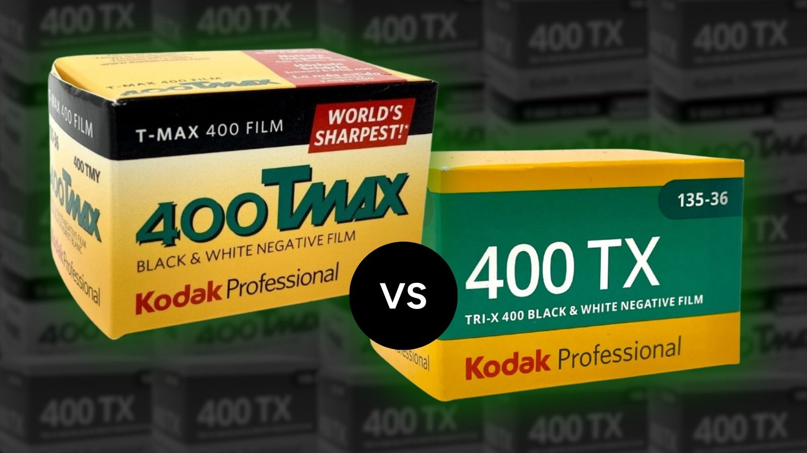 Kodak T-Max 400 and Kodak Tri-X 400 black and white film boxes shown side by side for comparison.