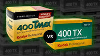 Kodak T-Max 400 and Kodak Tri-X 400 black and white film boxes shown side by side for comparison.