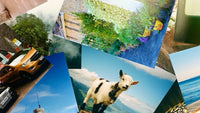 A scattered pile of colourful printed film photographs shot on Kodak Pro Image 100 35mm film, featuring landscapes, cars, flowers, and a curious goat.