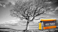 Black-and-white landscape photo of a lone leafless tree in an open field under a cloudy sky, with a Kodak Professional T-Max 400 film box and roll shown in the corner.