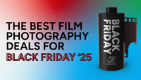 A colourful gradient background with a Black Friday film canister graphic beside bold text reading ‘The Best Film Photography Deals for Black Friday ’25’.