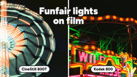 CineStill 800T and Kodak 800 night photos of funfair rides side by side, with the headline Funfair lights on film