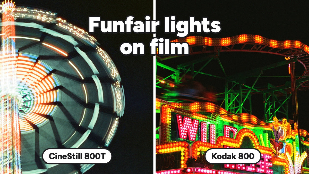 CineStill 800T and Kodak 800 night photos of funfair rides side by side, with the headline Funfair lights on film