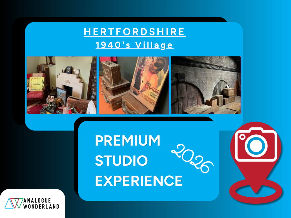 Promotional graphic for a vintage studio experience in Hertfordshire from 1940s, featuring a camera icon and 'Analogue Wonderland' branding.