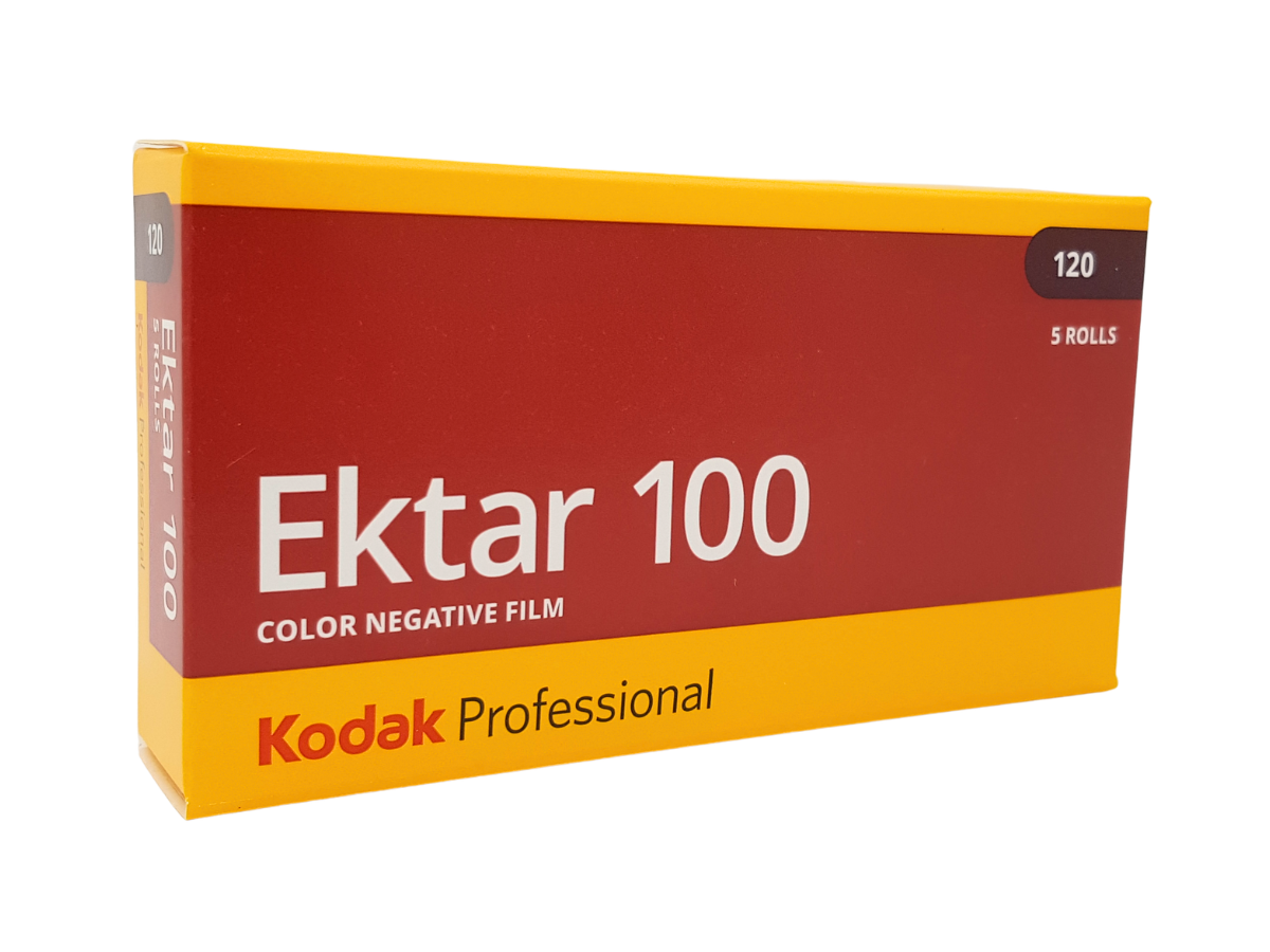 A box of Kodak Professional Ektar 100 color negative film, 5 rolls, shown on a plain white background.