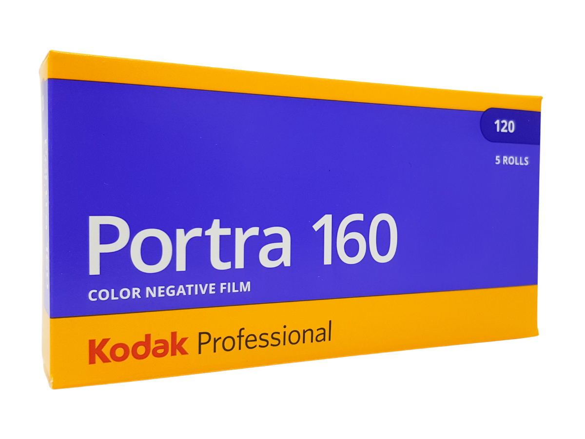 A box of Kodak Portra 160 color negative film, 5 rolls, featuring a blue and yellow design with white text.