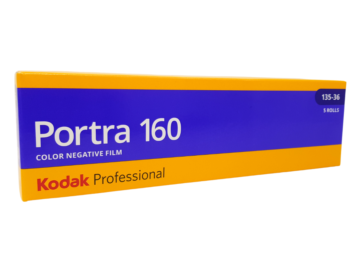 Kodak Portra 160 Color Negative Film 5-roll pack box, featuring a blue and yellow design with white and red text, shown on a plain white background.