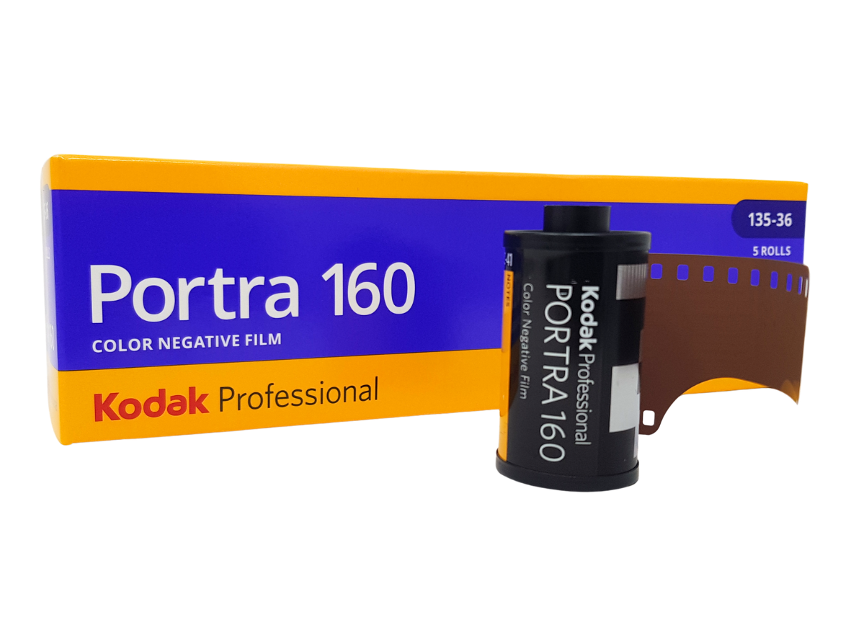 Kodak Portra 160 color negative film shown with its retail box and a single film canister on a plain white background.