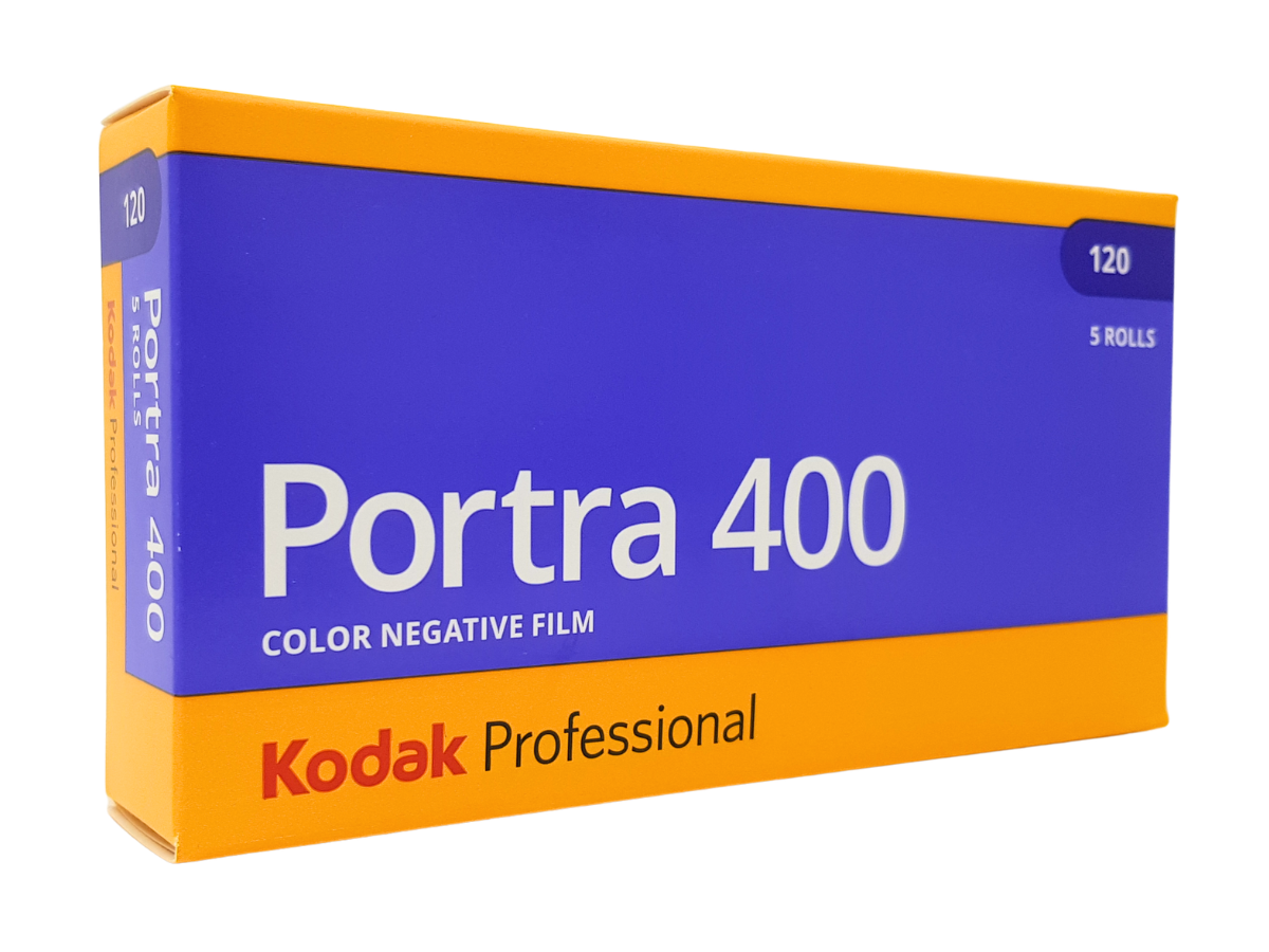 A box of Kodak Portra 400 Color Negative Film, 5 rolls, featuring a blue and orange design with white text.