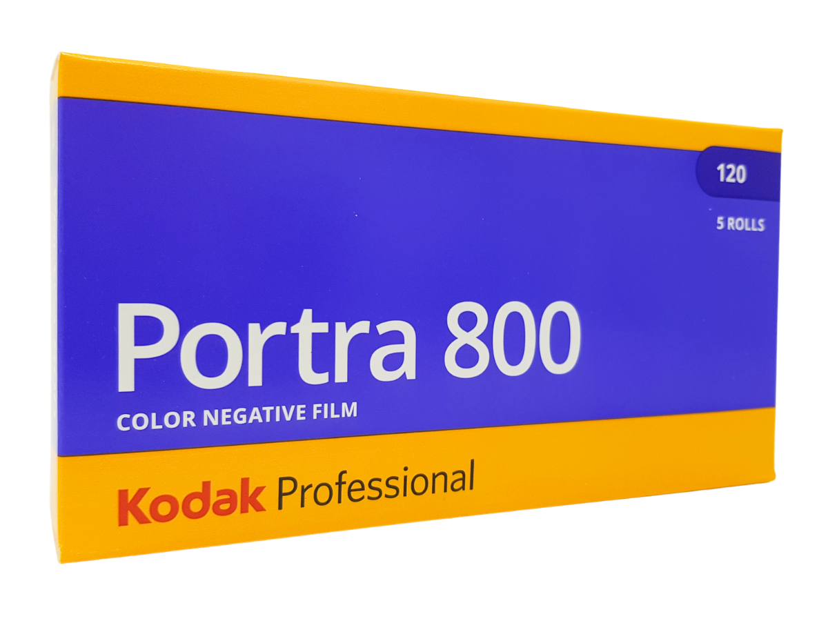 A box of Kodak Portra 800 Color Negative Film, 5 rolls, featuring a blue and yellow design with white text.