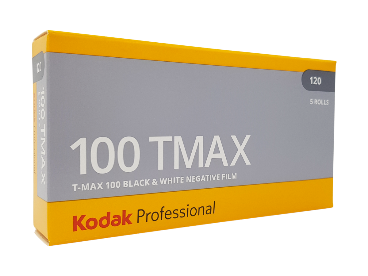 A box of Kodak Professional 100 TMAX black and white negative film, 5 rolls, shown at a three-quarter angle on a white background.