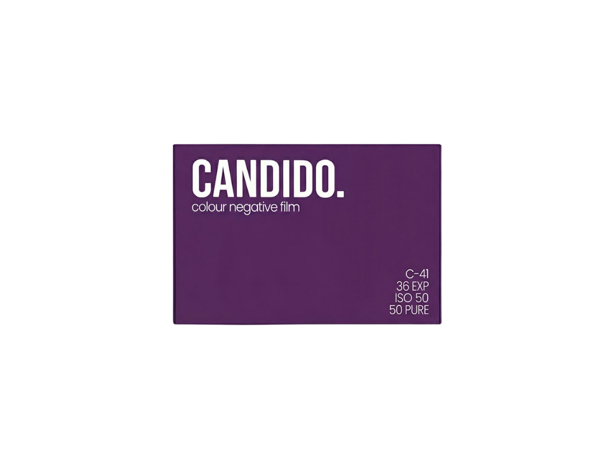 Purple packaging of Candido color negative film with white text on a white background