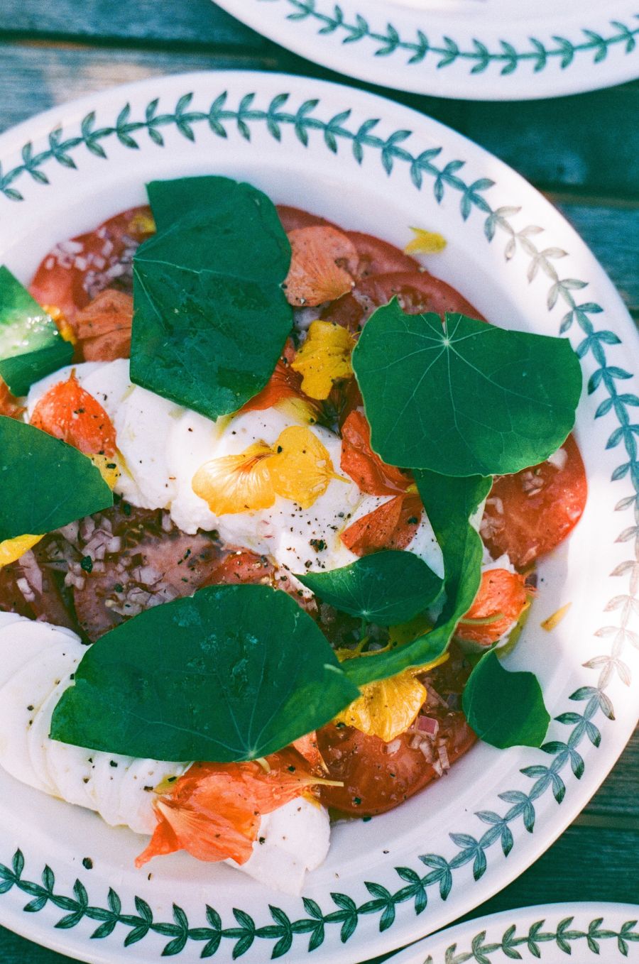 A colourful caprese salad topped with nasturtium leaves and petals served on a patterned plate.