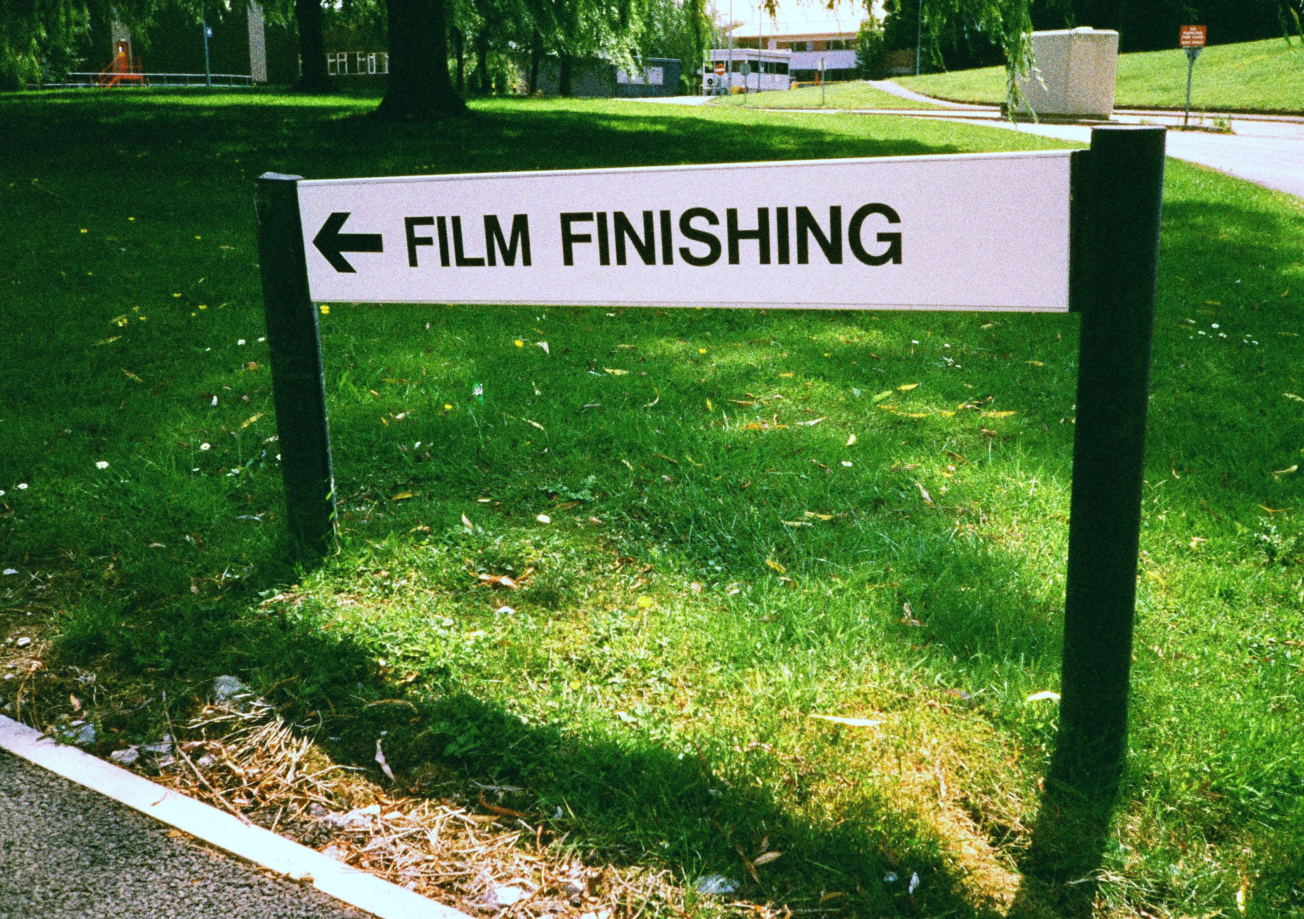Directional sign pointing to 'Film Finishing' in a park-like setting - shot on Harman Phoenix II 35mm film