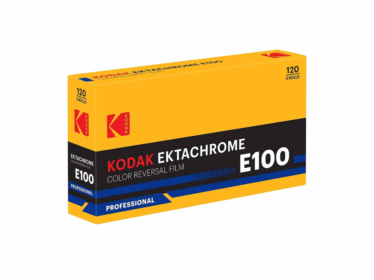 A box of Kodak Ektachrome E100 color reversal film, professional 120 roll, shown on a plain white background.