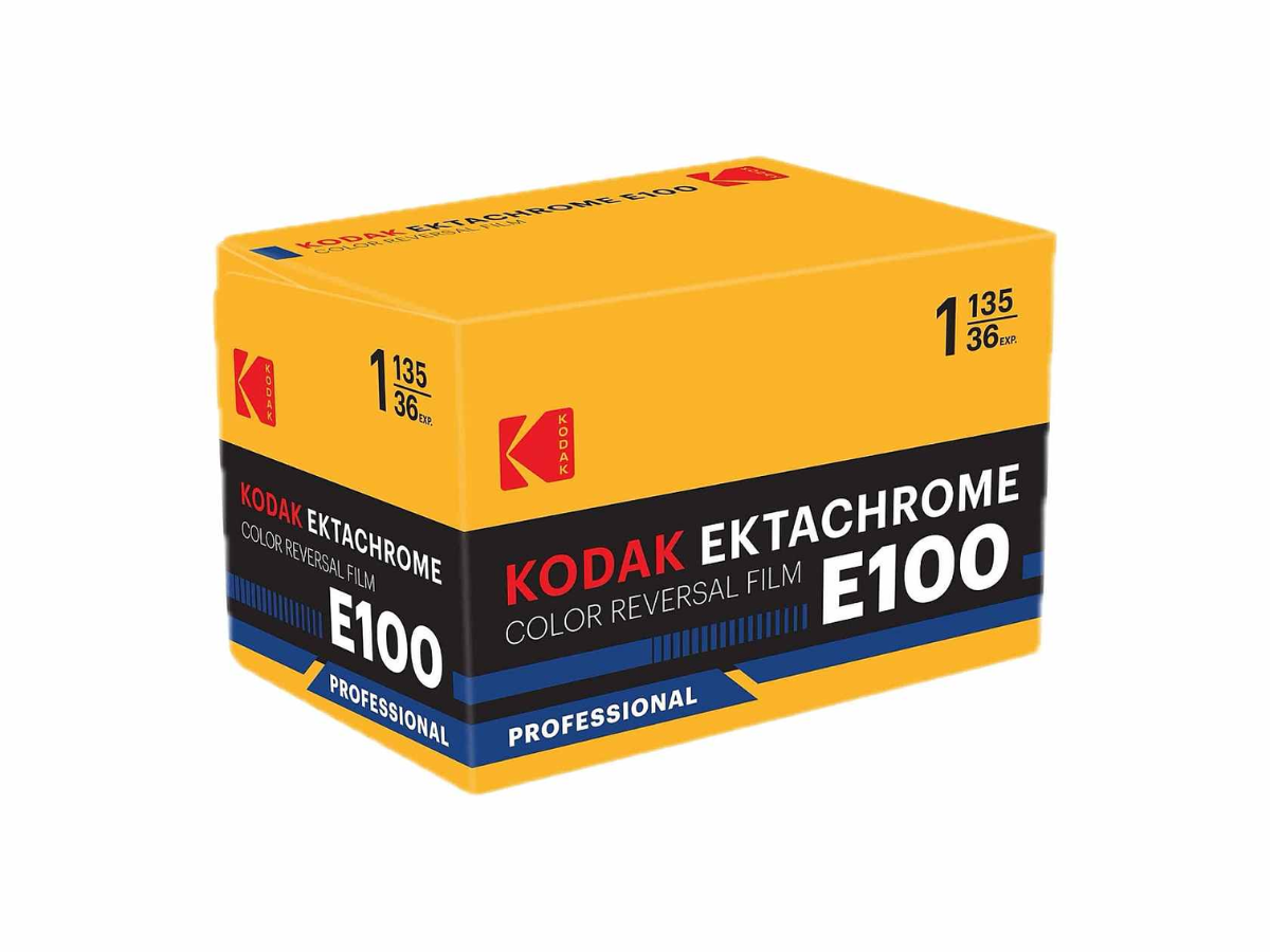 A box of Kodak Ektachrome E100 color reversal film, 135mm size, shown on a plain white background.