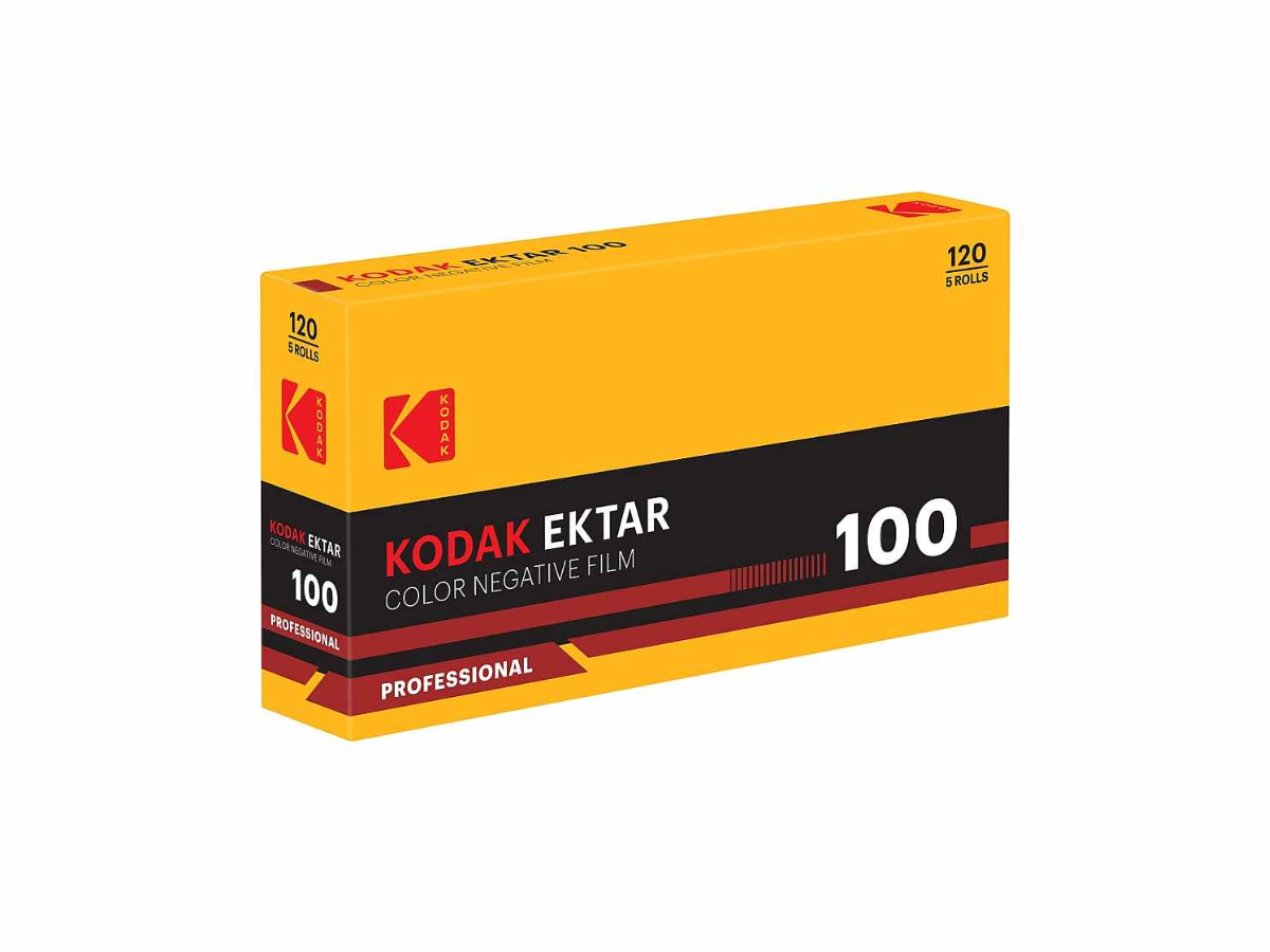 A box of Kodak Ektar 100 Color Negative Film, Professional grade, featuring a bright yellow and black design with red accents, isolated on a white background.
