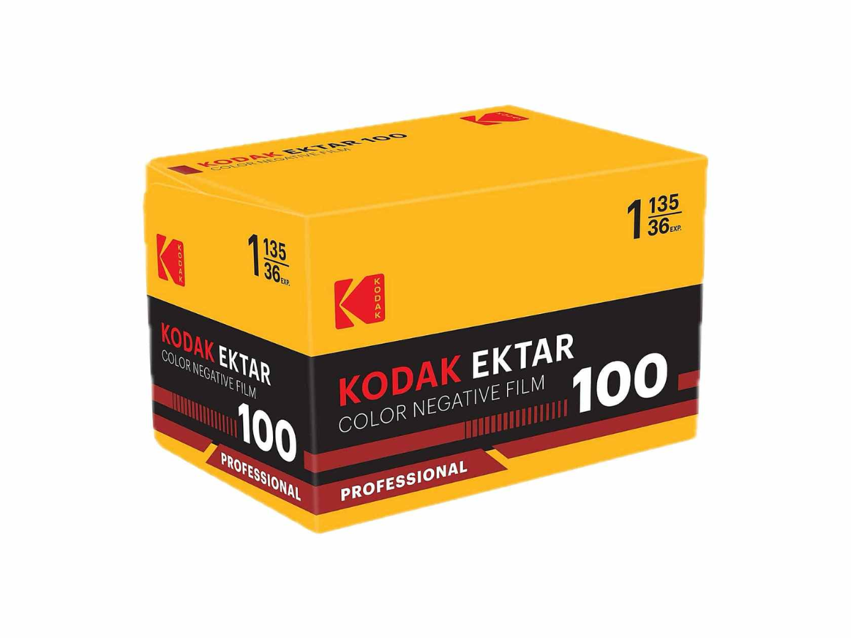 A box of Kodak Ektar 100 color negative film, 135mm, shown at a three-quarter angle on a plain white background.