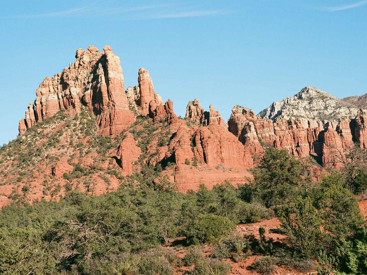 Red rock desert mountains with jagged spires and green shrubs in the foreground under a clear blue sky.